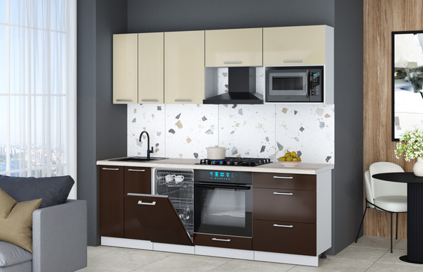 Изображение товара Кухонный гарнитур Интерлиния Мила Gloss 2.25-ПМ4 (шоколад глянец/ваниль глянец/травертин серый)