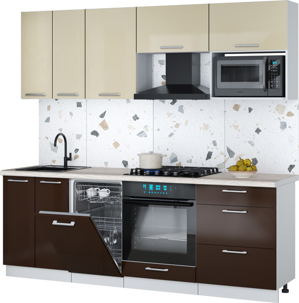 Изображение товара Кухонный гарнитур Интерлиния Мила Gloss 2.25-ПМ4 (шоколад глянец/ваниль глянец/травертин серый)