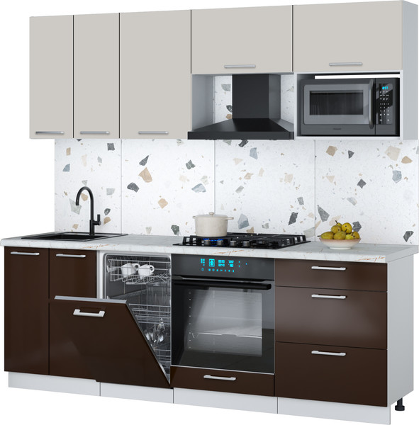 Изображение товара Кухонный гарнитур Интерлиния Мила Gloss 2.25-ПМ4 (шоколад глянец/кашемир/серый каспий)