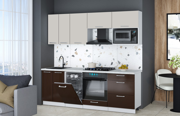 Изображение товара Кухонный гарнитур Интерлиния Мила Gloss 2.25-ПМ4 (шоколад глянец/кашемир/серый каспий)