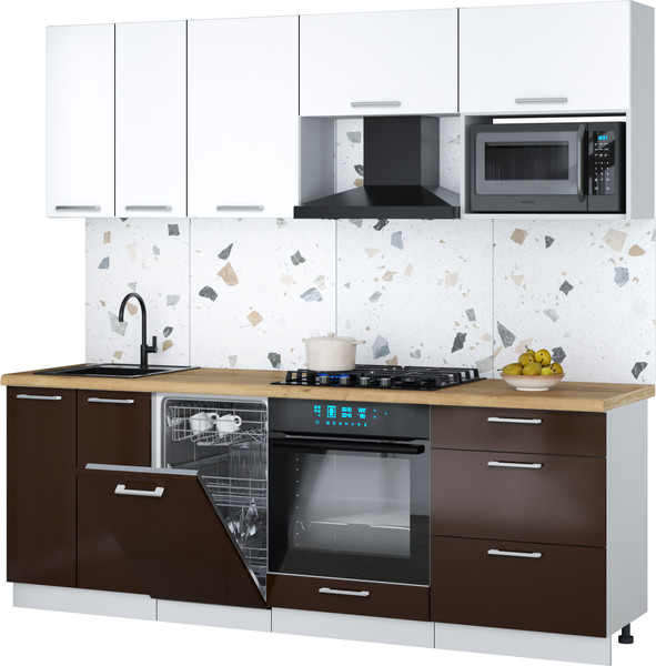 Изображение товара Кухонный гарнитур Интерлиния Мила Gloss 2.25-ПМ4 (шоколад глянец/белый/дуб бунратти)