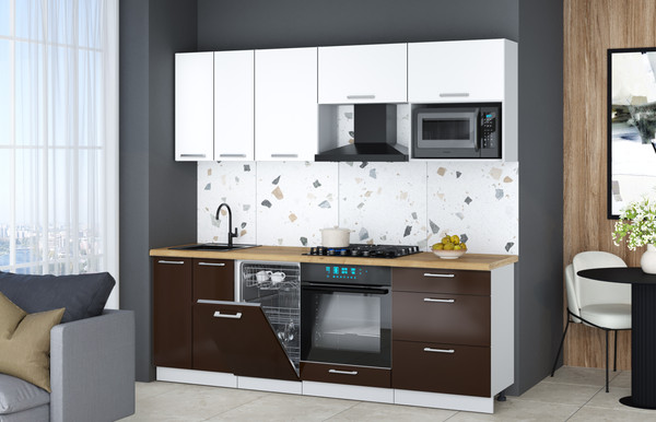 Изображение товара Кухонный гарнитур Интерлиния Мила Gloss 2.25-ПМ4 (шоколад глянец/белый/дуб бунратти)