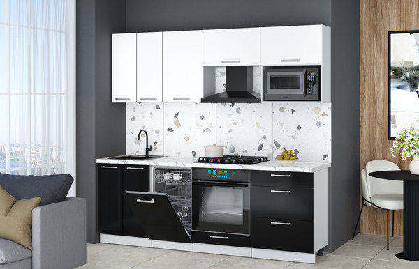 Изображение товара Кухонный гарнитур Интерлиния Мила Gloss 2.25-ПМ4 (черный глянец/белый/белый гранит)