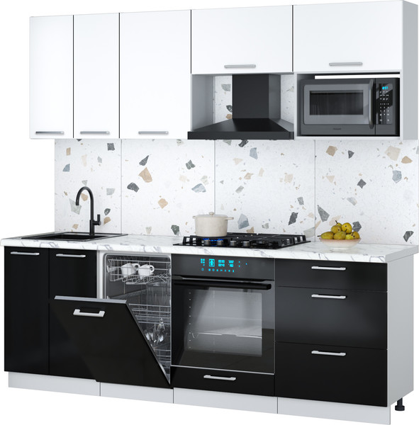 Изображение товара Кухонный гарнитур Интерлиния Мила Gloss 2.25-ПМ4 (черный глянец/белый/белый гранит)