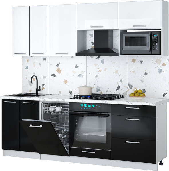 Изображение товара Кухонный гарнитур Интерлиния Мила Gloss 2.25-ПМ4 (черный глянец/белый глянец/белый гранит)