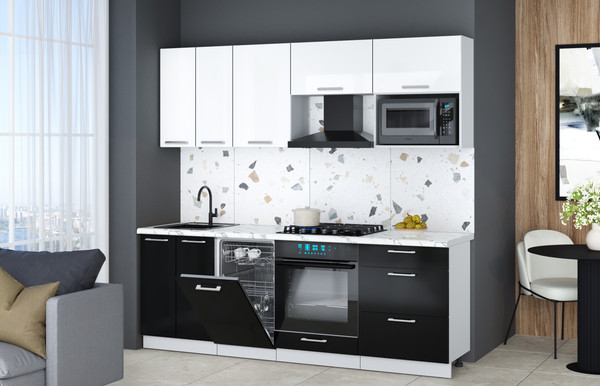 Изображение товара Кухонный гарнитур Интерлиния Мила Gloss 2.25-ПМ4 (черный глянец/белый глянец/белый гранит)