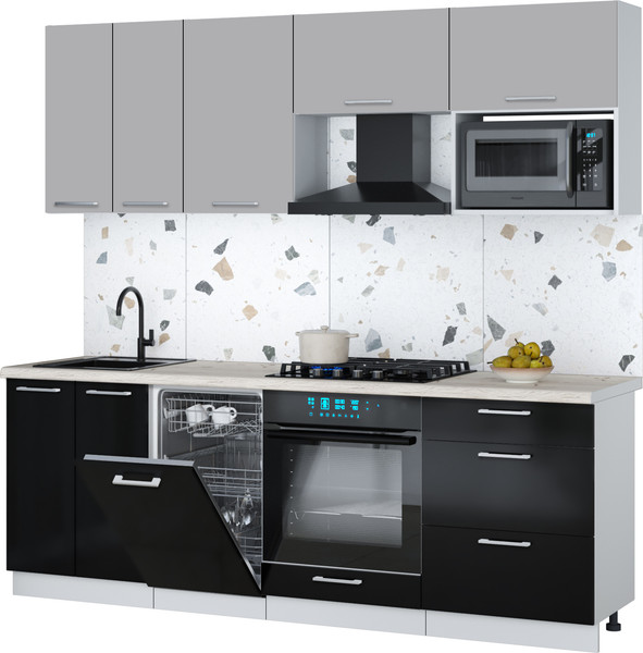 Изображение товара Кухонный гарнитур Интерлиния Мила Gloss 2.25-ПМ4 (черный глянец/грей/бискайская сосна)