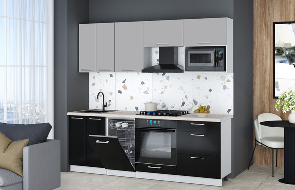 Изображение товара Кухонный гарнитур Интерлиния Мила Gloss 2.25-ПМ4 (черный глянец/грей/бискайская сосна)