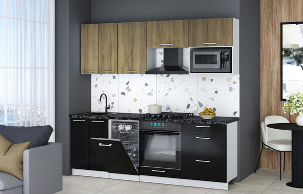 Изображение товара Кухонный гарнитур Интерлиния Мила Gloss 2.25-ПМ4 (черный глянец/дуб вотан/кастилло темный)