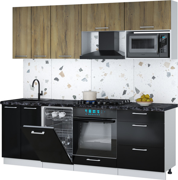 Изображение товара Кухонный гарнитур Интерлиния Мила Gloss 2.25-ПМ4 (черный глянец/дуб вотан/кастилло темный)