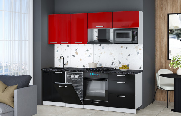 Изображение товара Кухонный гарнитур Интерлиния Мила Gloss 2.25-ПМ4 (черный глянец/красный глянец/кастилло темный)