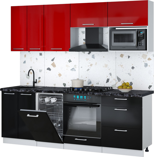 Изображение товара Кухонный гарнитур Интерлиния Мила Gloss 2.25-ПМ4 (черный глянец/красный глянец/кастилло темный)
