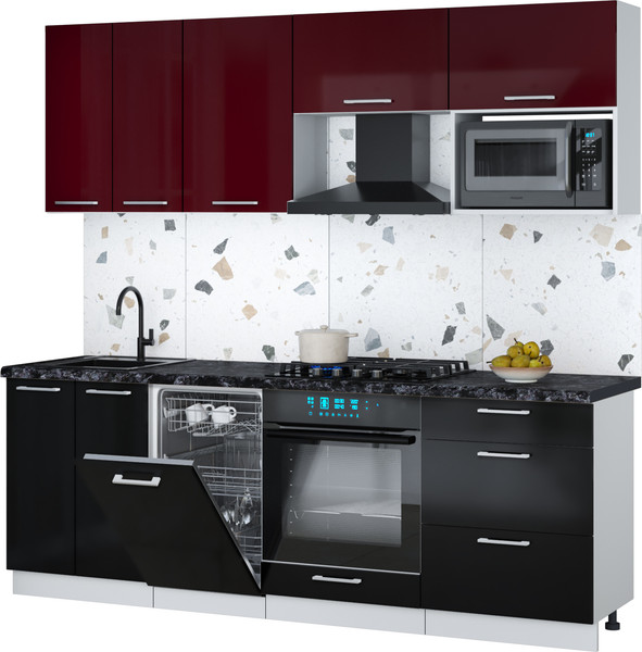 Изображение товара Кухонный гарнитур Интерлиния Мила Gloss 2.25-ПМ4 (черный глянец/бордовый глянец/кастилло темный)