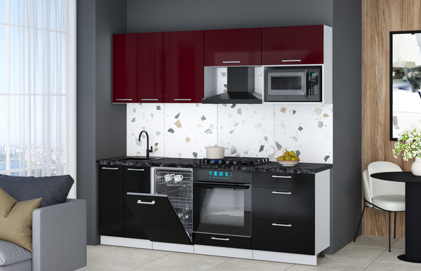 Изображение товара Кухонный гарнитур Интерлиния Мила Gloss 2.25-ПМ4 (черный глянец/бордовый глянец/кастилло темный)