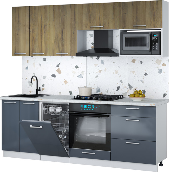 Изображение товара Кухонный гарнитур Интерлиния Мила Gloss 2.25-ПМ4 (асфальт глянец/дуб вотан/серый каспий)