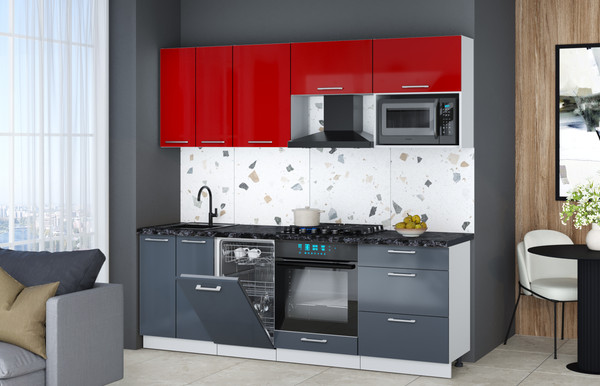 Изображение товара Кухонный гарнитур Интерлиния Мила Gloss 2.25-ПМ4 (асфальт глянец/красный глянец/кастилло темный)