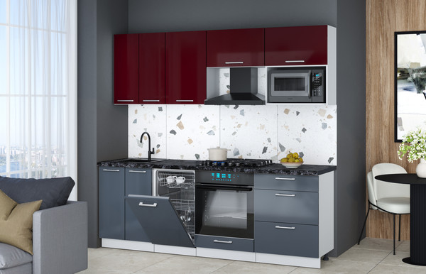 Изображение товара Кухонный гарнитур Интерлиния Мила Gloss 2.25-ПМ4 (асфальт глянец/бордовый глянец/кастилло темный)