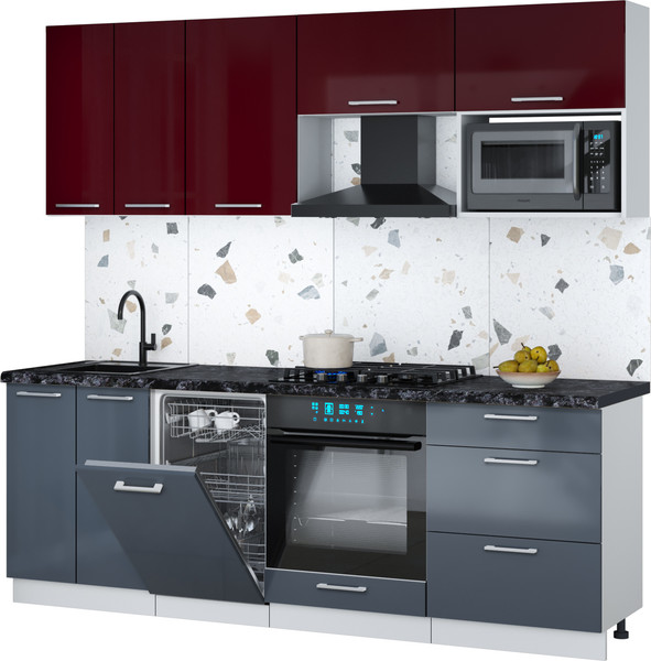 Изображение товара Кухонный гарнитур Интерлиния Мила Gloss 2.25-ПМ4 (асфальт глянец/бордовый глянец/кастилло темный)