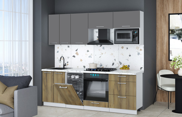 Изображение товара Кухонный гарнитур Интерлиния Мила Gloss 2.25-ПМ4 (дуб вотан/серый/белый гранит)