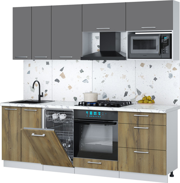 Изображение товара Кухонный гарнитур Интерлиния Мила Gloss 2.25-ПМ4 (дуб вотан/серый/белый гранит)