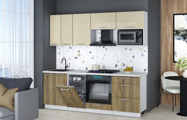 Изображение товара Кухонный гарнитур Интерлиния Мила Gloss 2.25-ПМ4 (дуб вотан/ваниль глянец/серый каспий)