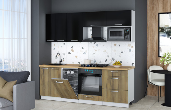 Изображение товара Кухонный гарнитур Интерлиния Мила Gloss 2.25-ПМ4 (дуб вотан/черный глянец/дуб бунратти)