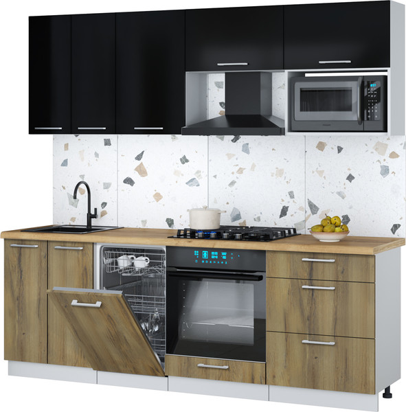 Изображение товара Кухонный гарнитур Интерлиния Мила Gloss 2.25-ПМ4 (дуб вотан/черный глянец/дуб бунратти)