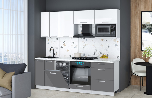 Изображение товара Кухонный гарнитур Интерлиния Мила Gloss 2.25-ПМ4 (серый/белый глянец/белый гранит)