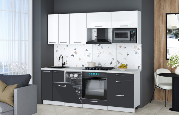 Изображение товара Кухонный гарнитур Интерлиния Мила Gloss 2.25-ПМ4 (пепел/белый глянец/серый каспий)