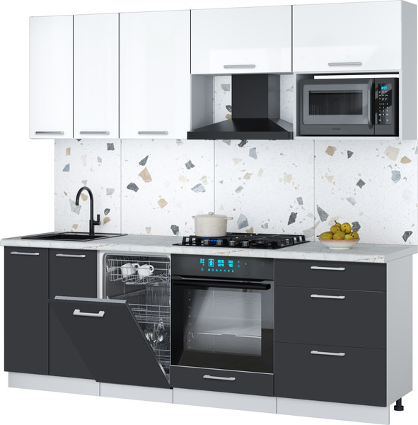 Изображение товара Кухонный гарнитур Интерлиния Мила Gloss 2.25-ПМ4 (пепел/белый глянец/серый каспий)