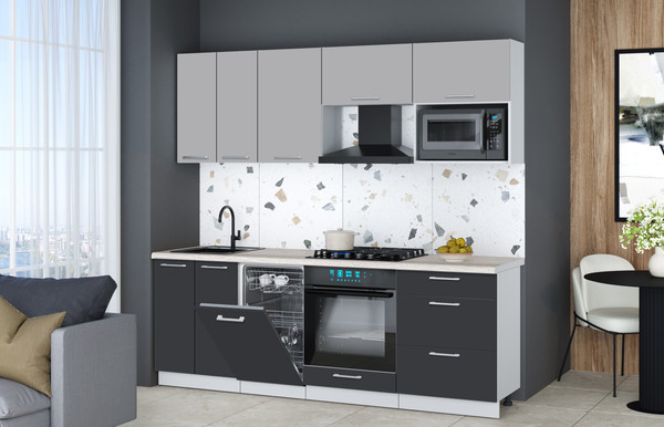 Изображение товара Кухонный гарнитур Интерлиния Мила Gloss 2.25-ПМ4 (пепел/грей/травертин серый)