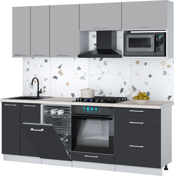 Изображение товара Кухонный гарнитур Интерлиния Мила Gloss 2.25-ПМ4 (пепел/грей/травертин серый)