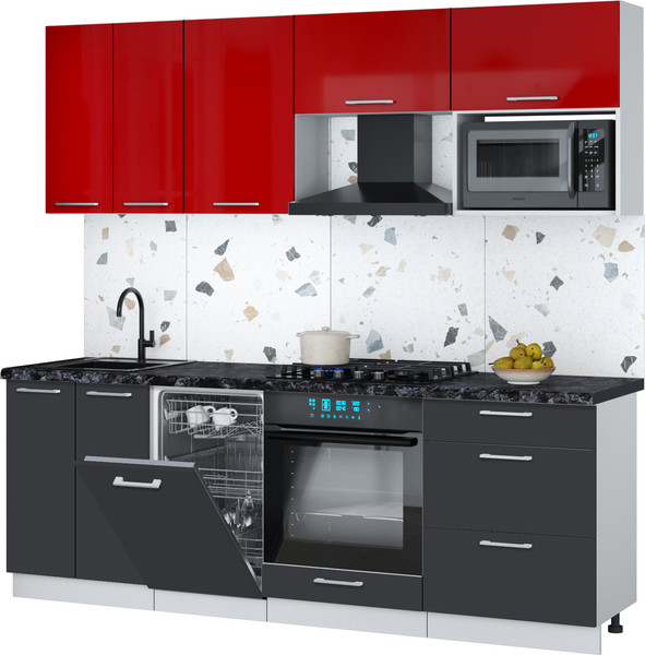 Изображение товара Кухонный гарнитур Интерлиния Мила Gloss 2.25-ПМ4 (пепел/красный глянец/кастилло темный)