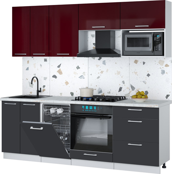 Изображение товара Кухонный гарнитур Интерлиния Мила Gloss 2.25-ПМ4 (пепел/бордовый глянец/серый каспий)
