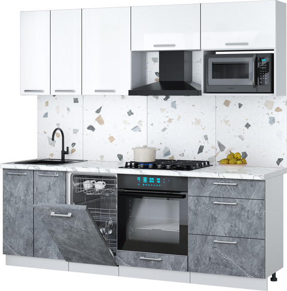 Изображение товара Кухонный гарнитур Интерлиния Мила Gloss 2.25-ПМ4 (керамика/белый глянец/белый гранит)