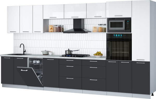 Изображение товара Кухонный гарнитур Интерлиния Мила Gloss 3.9-ПМ3 (пепел/белый глянец/серый каспий)