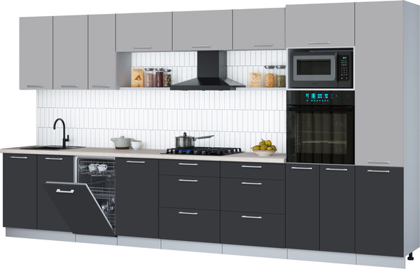 Изображение товара Кухонный гарнитур Интерлиния Мила Gloss 3.9-ПМ3 (пепел/грей/травертин серый)
