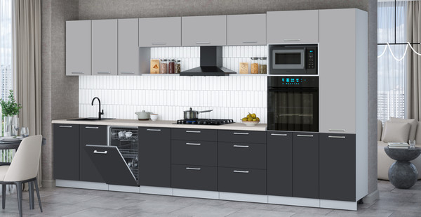 Изображение товара Кухонный гарнитур Интерлиния Мила Gloss 3.9-ПМ3 (пепел/грей/травертин серый)