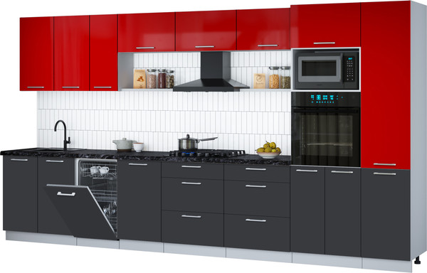 Изображение товара Кухонный гарнитур Интерлиния Мила Gloss 3.9-ПМ3 (пепел/красный глянец/кастилло темный)