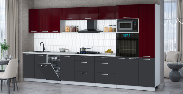 Изображение товара Кухонный гарнитур Интерлиния Мила Gloss 3.9-ПМ3 (пепел/бордовый глянец/серый каспий)