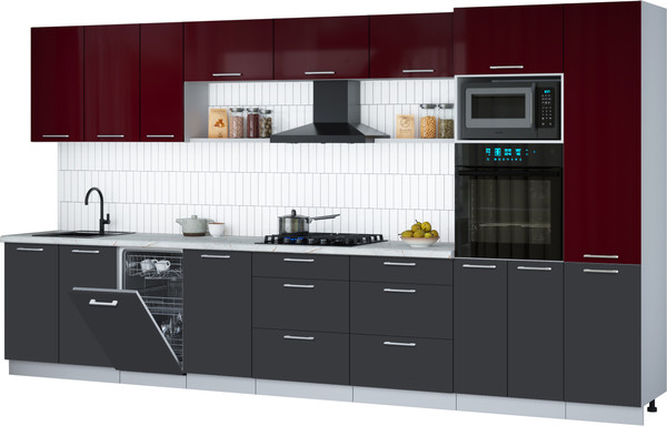 Изображение товара Кухонный гарнитур Интерлиния Мила Gloss 3.9-ПМ3 (пепел/бордовый глянец/серый каспий)