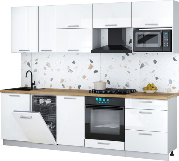 Изображение товара Кухонный гарнитур Интерлиния Мила Gloss 2.6-ПМ4 (белый глянец/белый глянец/дуб бунратти)