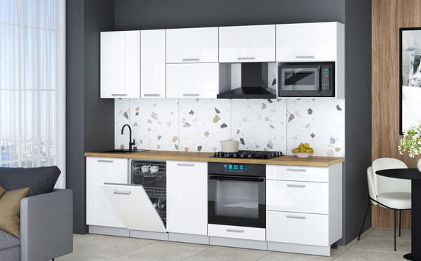 Изображение товара Кухонный гарнитур Интерлиния Мила Gloss 2.6-ПМ4 (белый глянец/белый глянец/дуб бунратти)