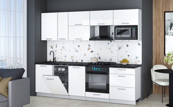 Изображение товара Кухонный гарнитур Интерлиния Мила Gloss 2.6-ПМ4 (белый глянец/белый глянец/кастилло темный)