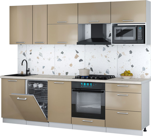 Изображение товара Кухонный гарнитур Интерлиния Мила Gloss 2.6-ПМ4 (капучино глянец/капучино глянец/бискайская сосна)