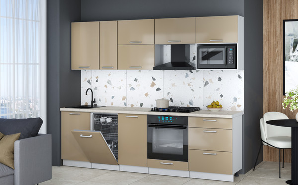 Изображение товара Кухонный гарнитур Интерлиния Мила Gloss 2.6-ПМ4 (капучино глянец/капучино глянец/бискайская сосна)