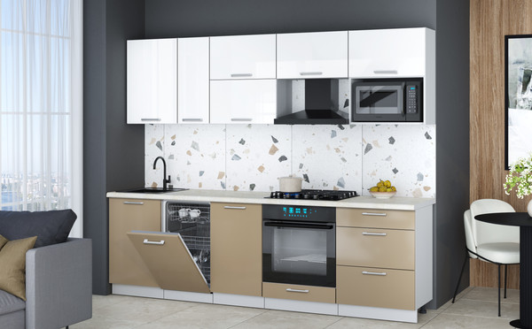 Изображение товара Кухонный гарнитур Интерлиния Мила Gloss 2.6-ПМ4 (капучино глянец/белый глянец/опал светлый)