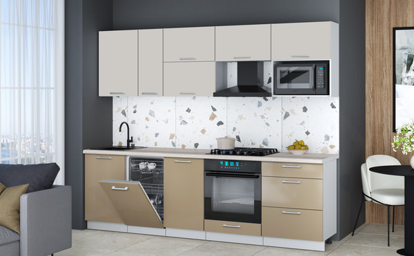 Изображение товара Кухонный гарнитур Интерлиния Мила Gloss 2.6-ПМ4 (капучино глянец/кашемир/травертин серый)