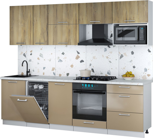 Изображение товара Кухонный гарнитур Интерлиния Мила Gloss 2.6-ПМ4 (капучино глянец/дуб вотан/серый каспий)