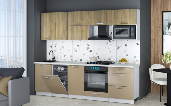 Изображение товара Кухонный гарнитур Интерлиния Мила Gloss 2.6-ПМ4 (капучино глянец/дуб вотан/серый каспий)